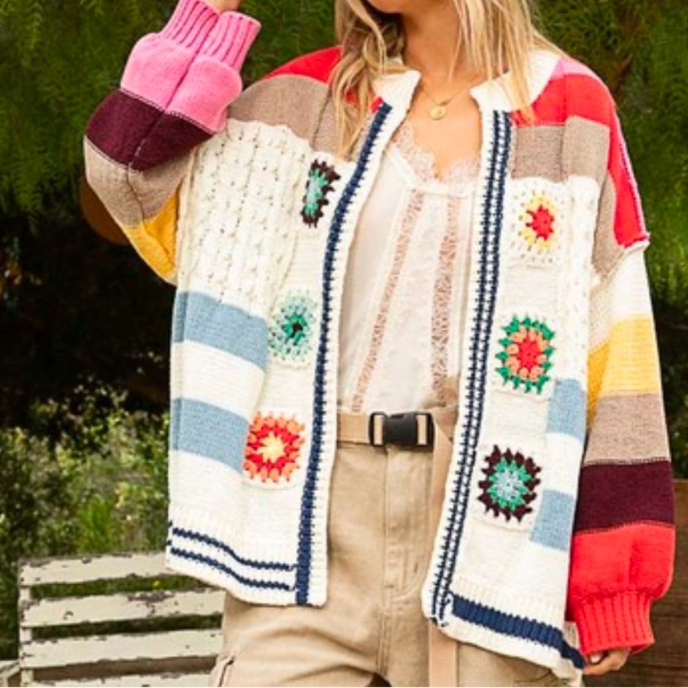 New POL granny square crochet cardigan sweater ivory tic toc Hand made stitch - Picture 2 of 6